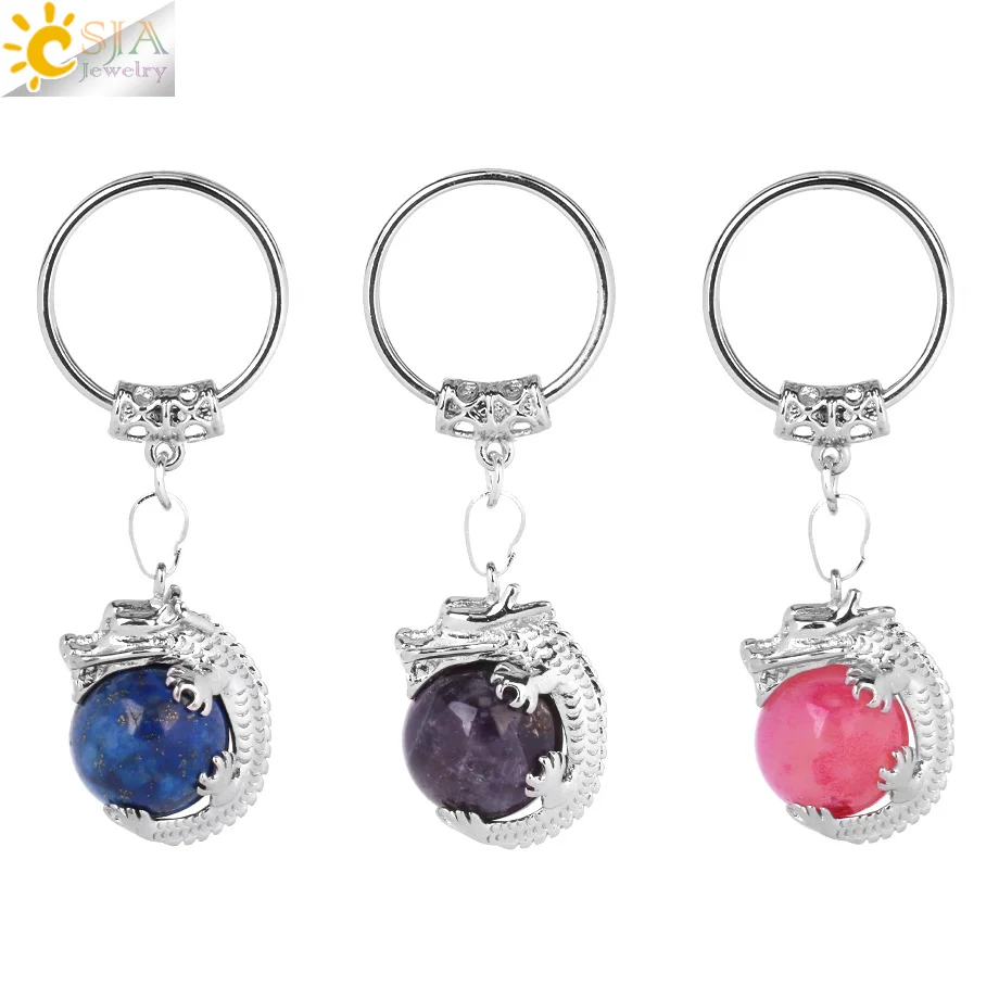 CSJA Amulet Dragon Keychain Natural Stone Round Ball Crystal Pendant Vintage Animal Charm Key Rings Holder for Car Bag H038