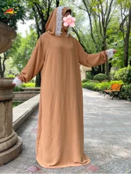 Musulmano due cappelli di pizzo vestito Vestidos Eid Mubarek Abaya donne moda abito lungo abbigliamento islamico ghiaccio seta tessuto Zou manica lunga