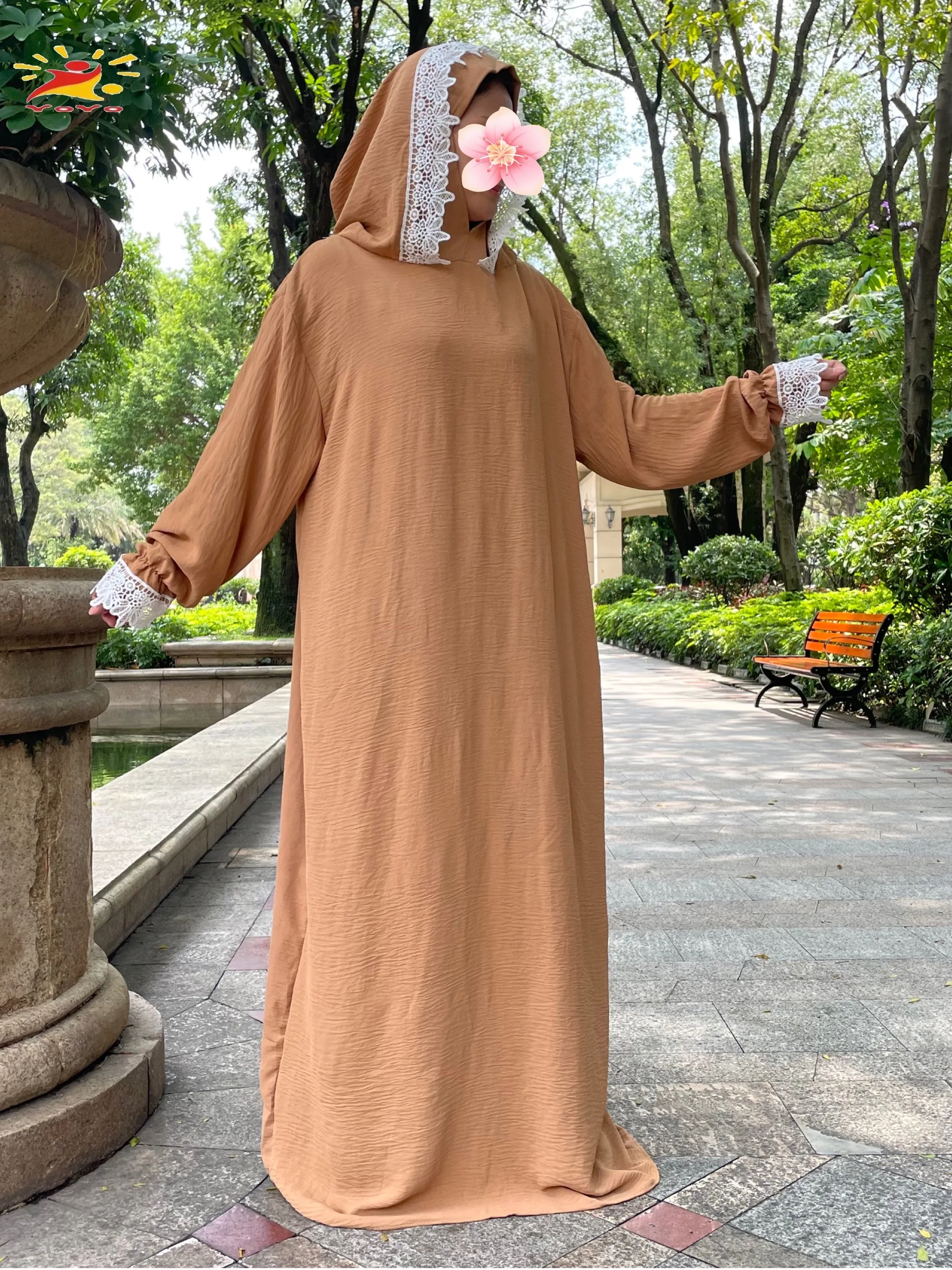 Muslim Two Lace Hats Dress Vestidos Eid Mubarek Abaya Women Fashion Long Robe Islamic Clothing Ice Silk Zou Fabric Long Sleeve