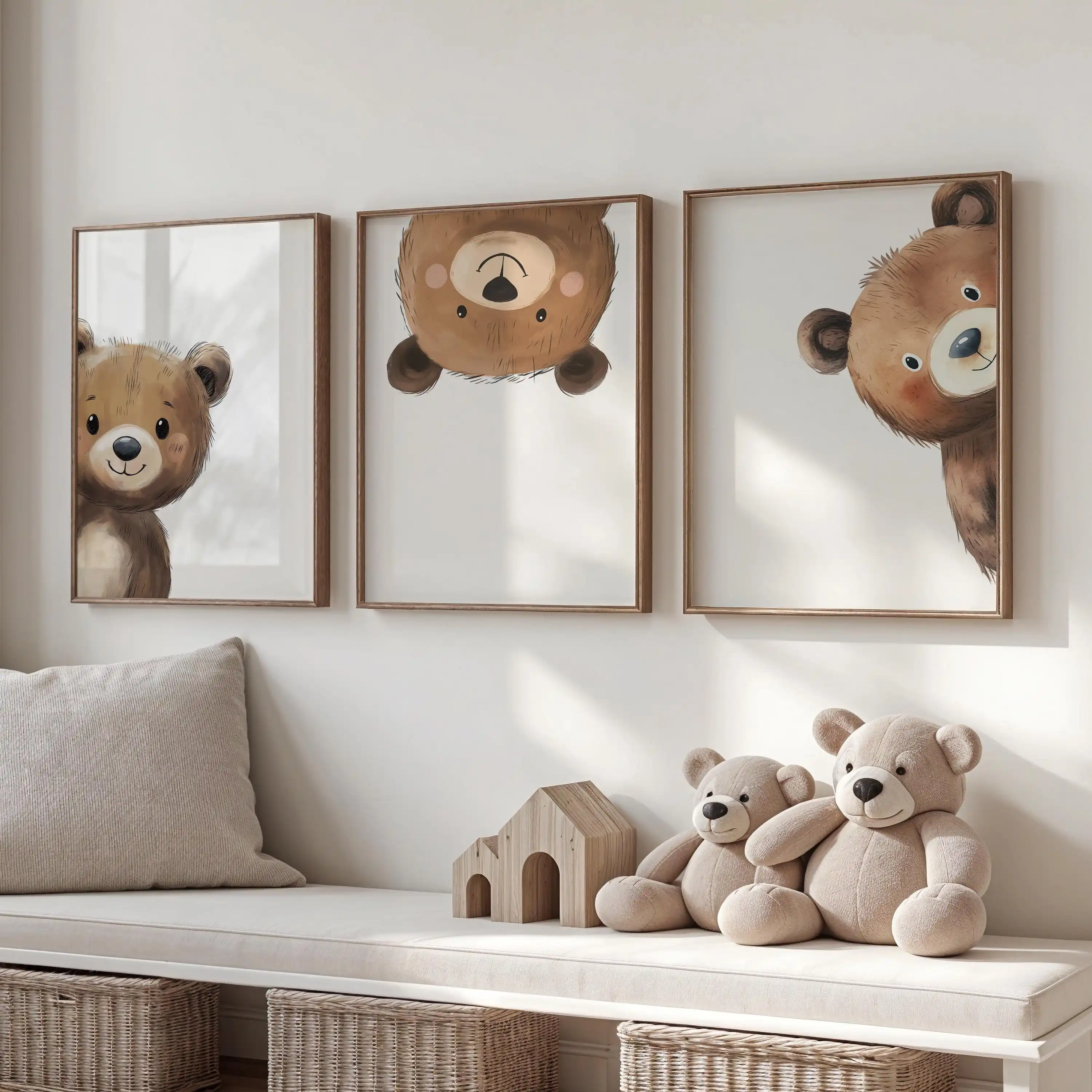 3pcs Bear Print Nursery Wall Art - Peeking Bear Posters Peekaboo Kids Room Decor Gift Printable Art Woodland Animal Home Decor