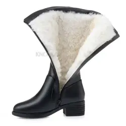 Leather boots winter h wool high boots mid-heel boots thick-soled large size women's cotton boots thick-heel mother shoes