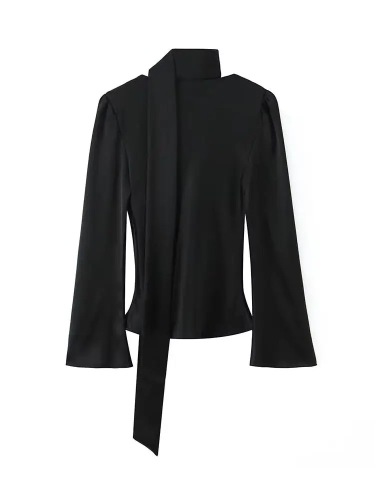 HH امرأة الربيع مثير العميق الخامس الرقبة طويلة الأكمام الشريط مطوي الديكور القمم الإناث تنوعا موضة الشارع نمط سليم قميص