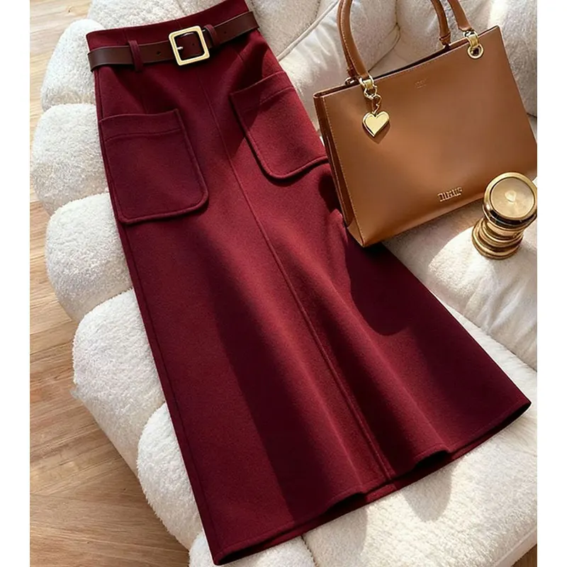 

Осенняя новая рождественская красная юбка для женщин, карман с поясом, юбка трапециевидной формы с высокой талией, элегантная роскошная трендовая офисная одежда для женщин