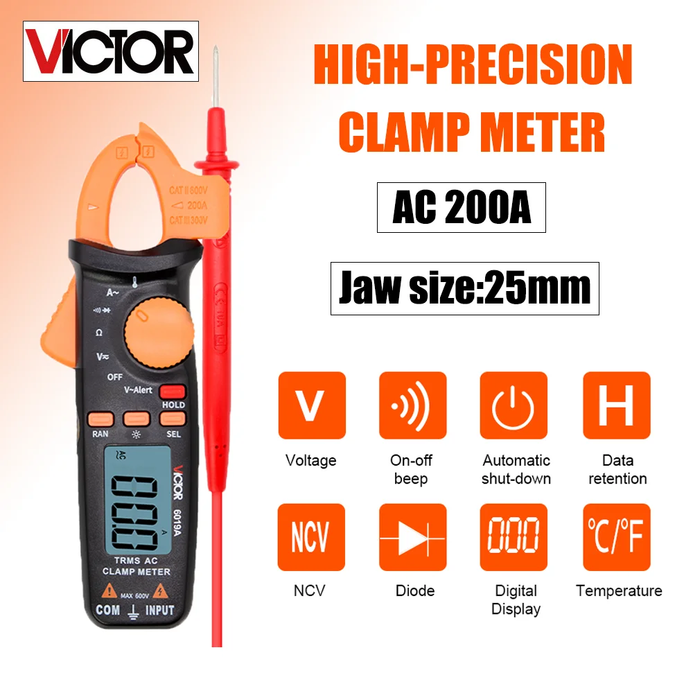 فيكتور 6019A/C عالية الدقة المشبك متر 200A السيارات المدى NCV عدم الاتصال قياس التيار المتناوب/تيار مستمر الحالي متر أدوات إلكترونية