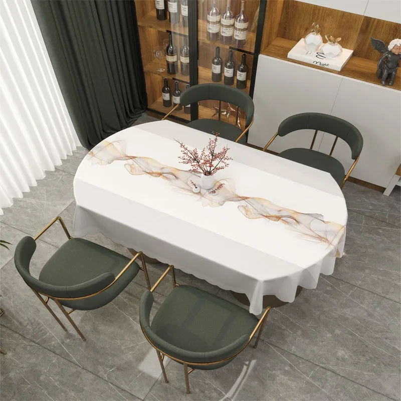 

Oval 180cm Tablecloth PVC Beige White Modern Style Table Cover Water Resistant Oilproof for Dining Table Simple Decoration