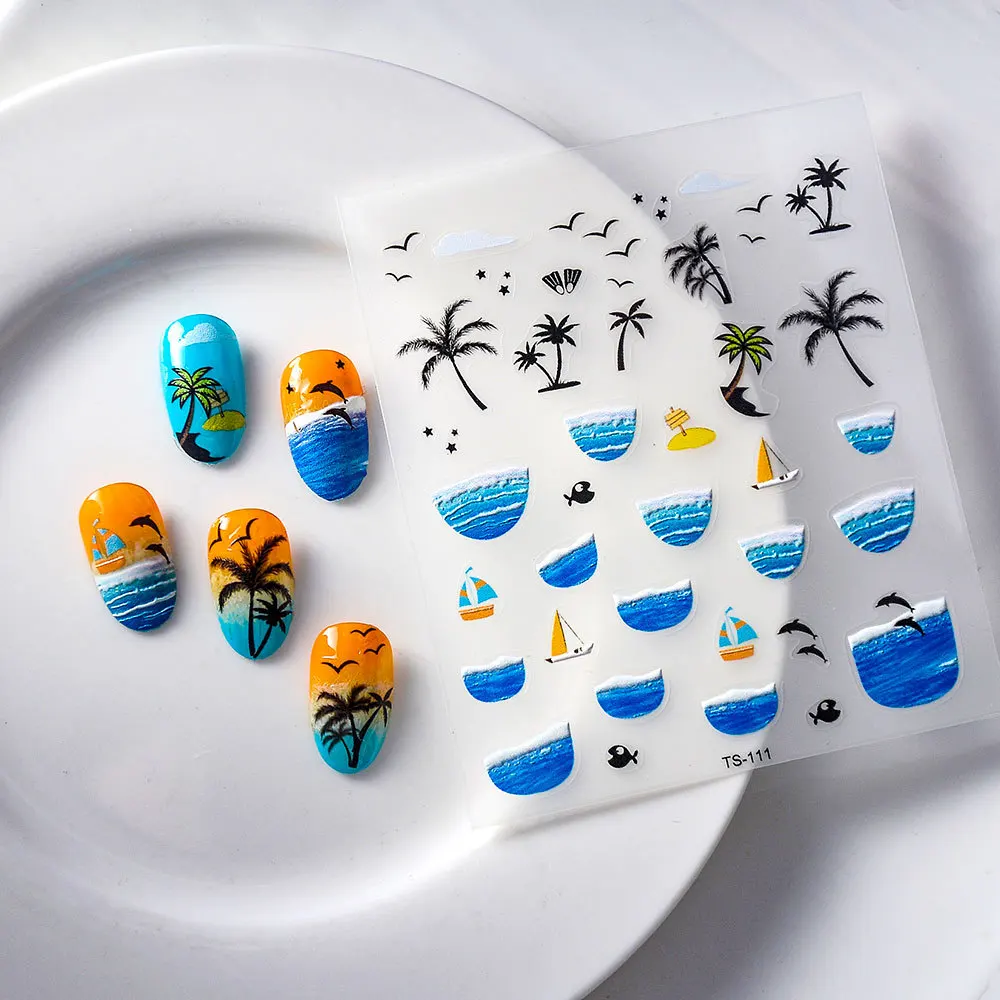 Surf Beach Cocoa Palm Tree Boat Fish Nail Stickers Summer Vacation Style Nail Art Sea Wave Nail Accessories Manicure Decal