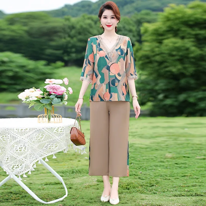 Women Suits Stylish Comfortable 2pcs/set Printing V Neck Suits for Middle-aged Casual with Minimalistic Charm Elderly Women Suit