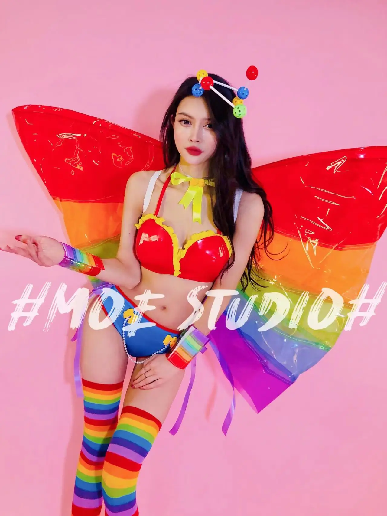 New International Day lovely rainbow color matching oversized bow Bikini Bar gogo singer nightclub guest dancer performan