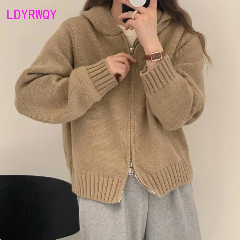 2023 Autumn/Winter New Hooded Double Zipper Sweater Coat for Women Loose and Thickened Knitted Cardigan for Women