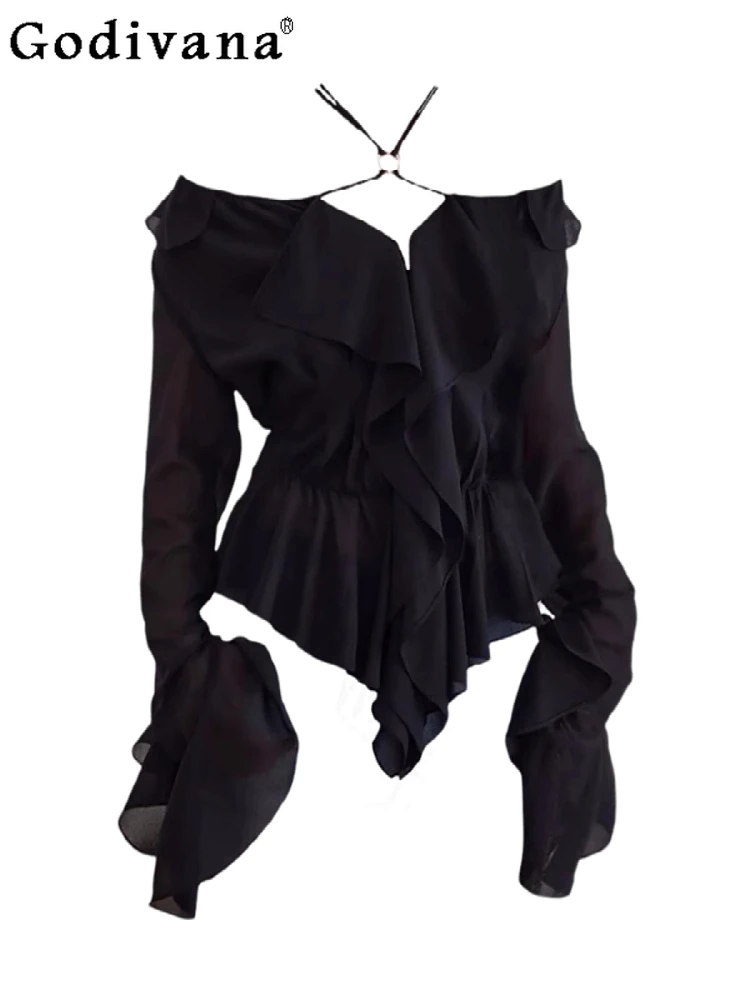 

Большой размер L-4XL, шифоновая блузка с французскими оборками и длинными рукавами, рубашка для девочек, осенний универсальный корейский топ с лямкой на шее и v-образным вырезом, черный универсальный корейский топ