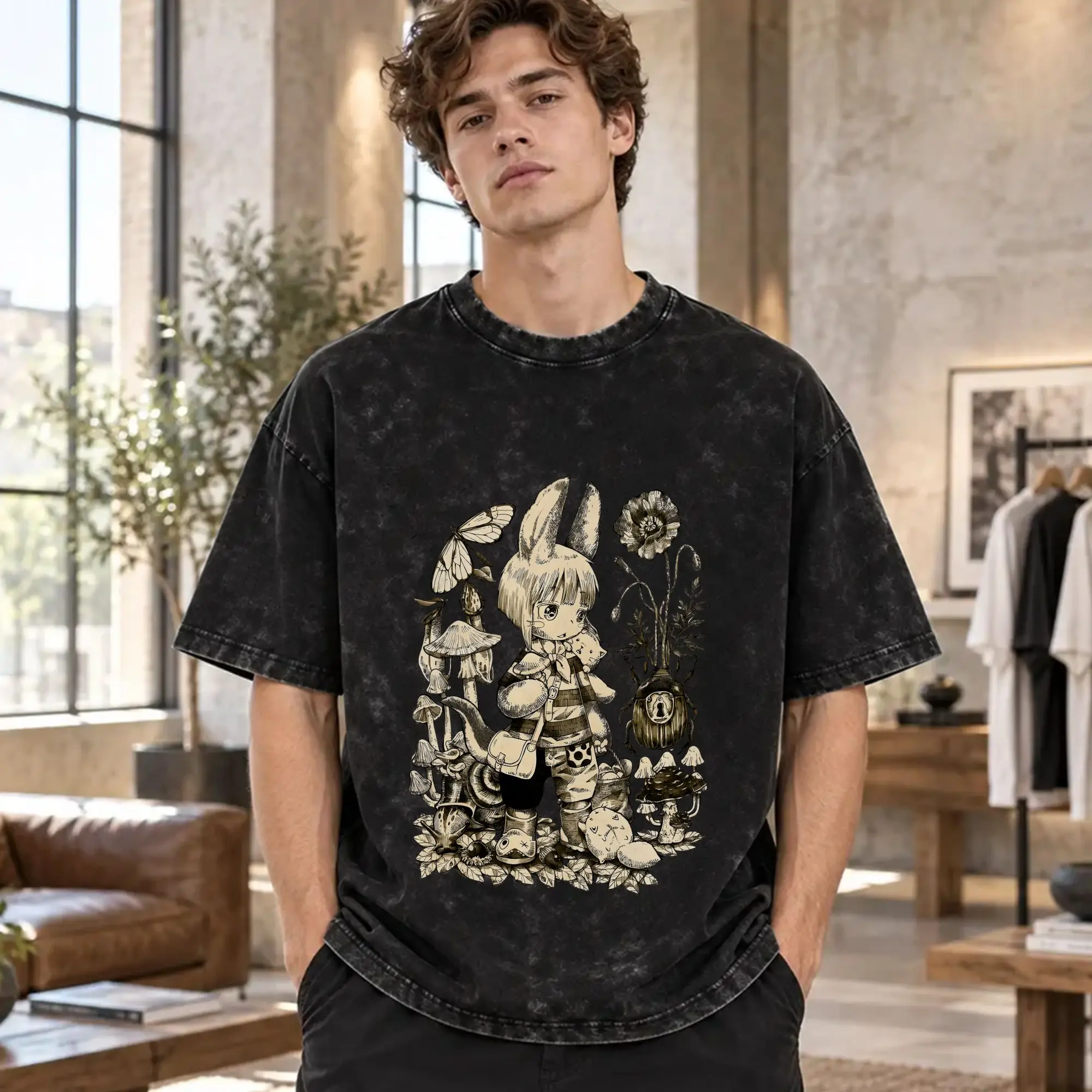 Made in Abyss Men's T Shirt Washed  Cool Tee Shirt Short Sleeve Crew Neck T-Shirts Pure Cotton Printed Tops