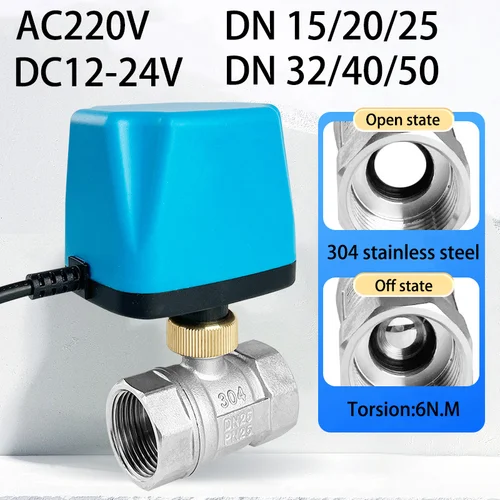 AC220V DC12V-24V Válvula de bola de acero inoxidable con rosca eléctrica Actuador de válvula de agua solenoide de 3 cables de 2 controles, DN15/20/25/32/40/50