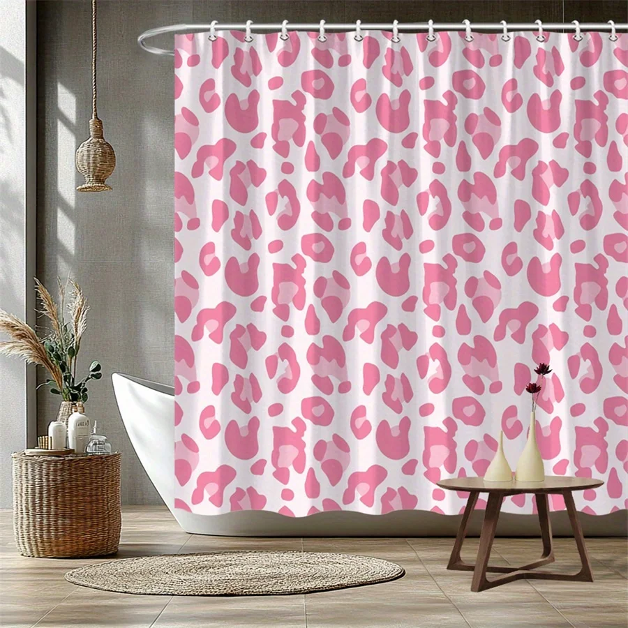 1pc Playful Pink Leopard Print Shower Curtain - Modern Whimsical Design, Durable Polyester Fabric, 177.8x177.8 cm with 12 Hooks,