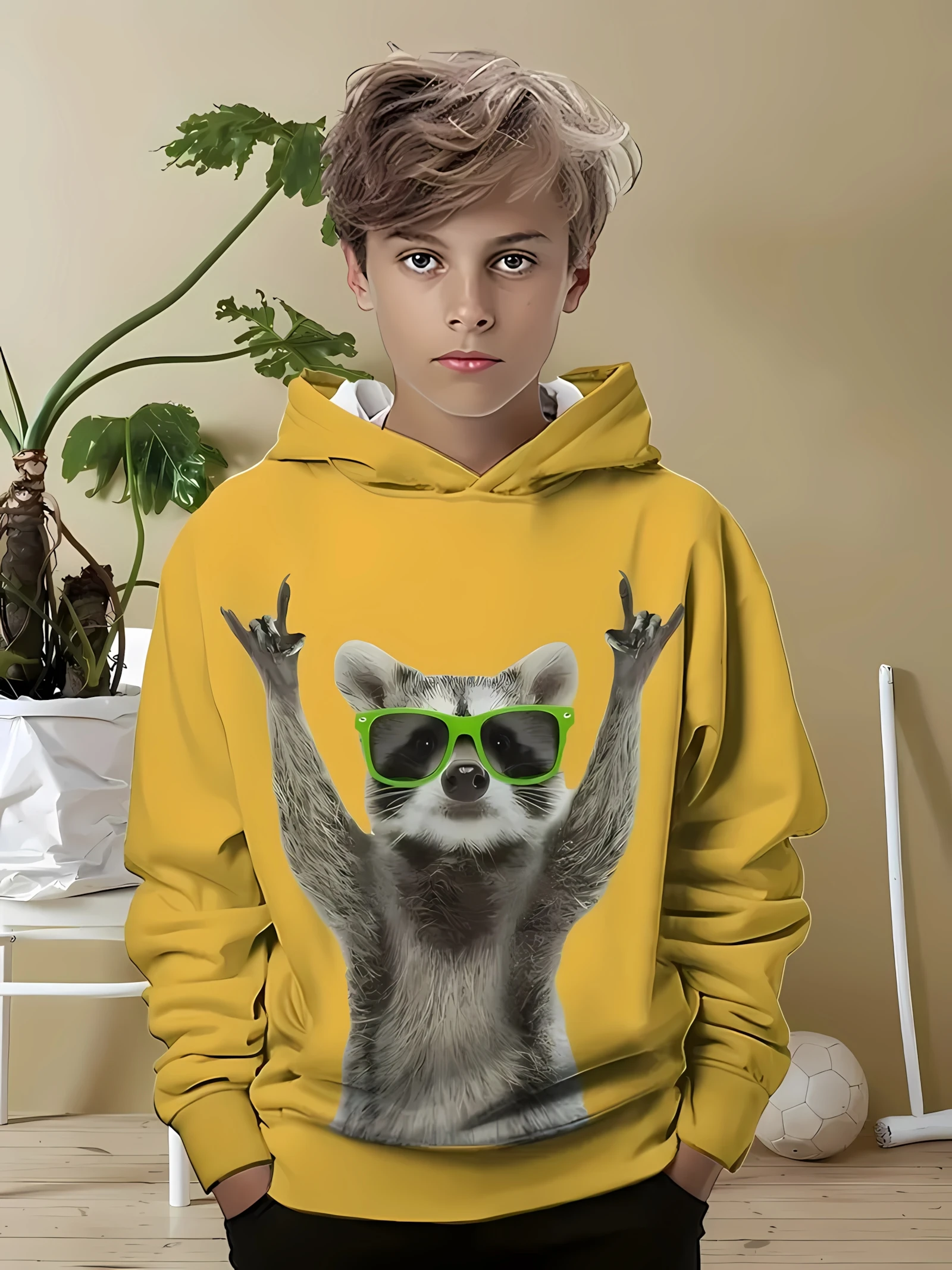 

The 2025 autumn new children's soft hoodie 3D glasses raccoon print casual and fashionable pullover