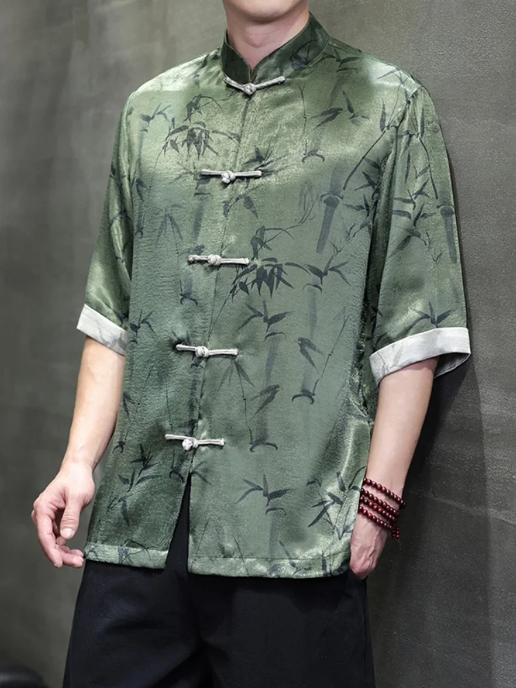 

Men's ort Sve irt Summer High-end Acetate Satin Button-down Chinese Sle Mid-aged And ly Ice Silk irt