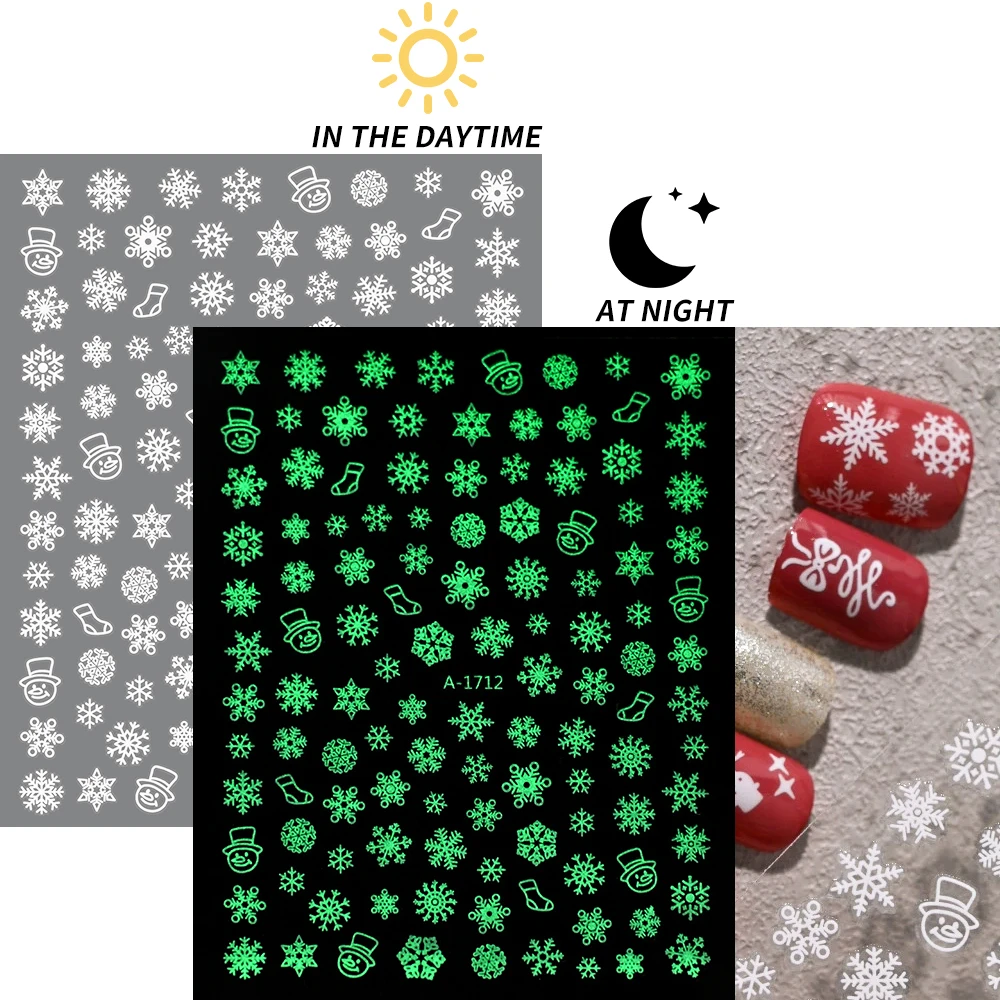 250 Stück 3D-Weihnachts-Nagelkunst-Aufkleber, im Dunkeln leuchtende Nagelaufkleber