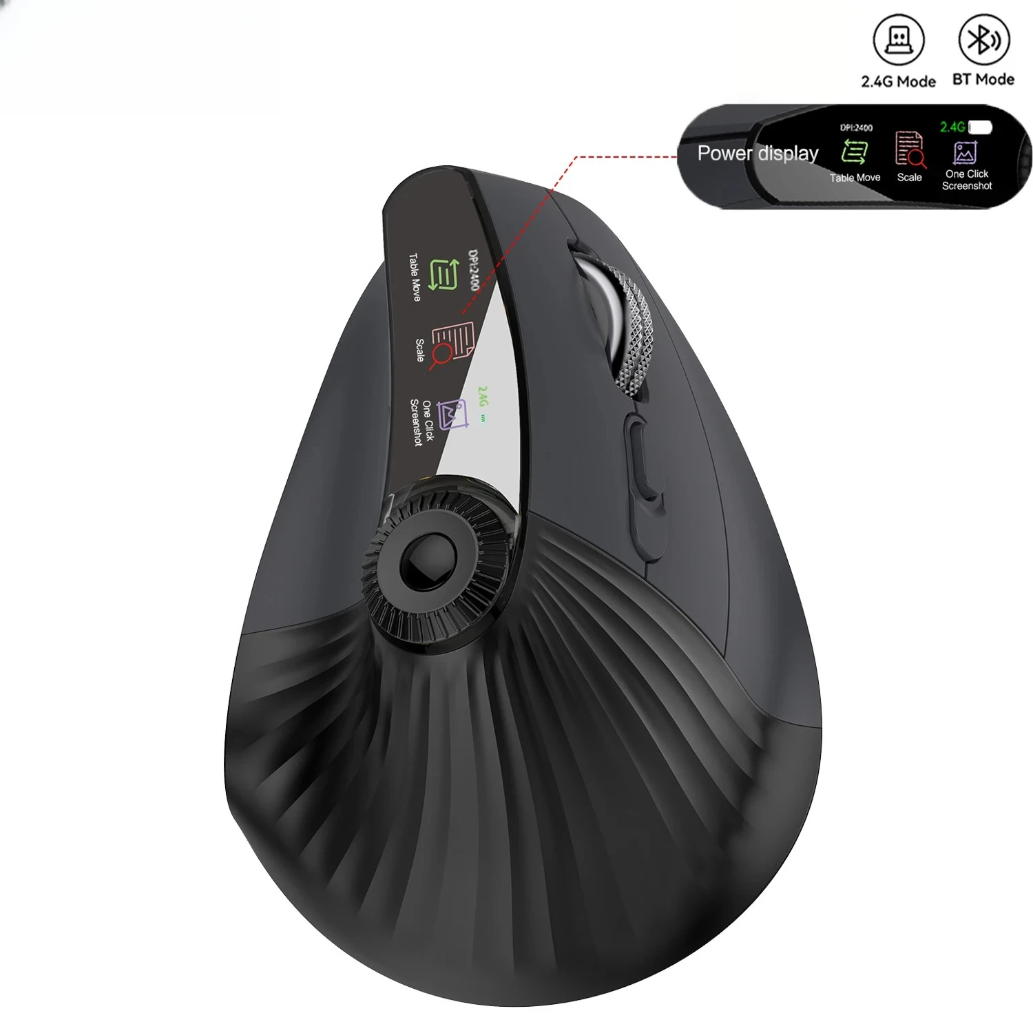 

Перезаряжаемая двухрежимная беспроводная вертикальная мышь Bluetooth с экраном/скоростным роликом, эргономичная беспроводная геймерская мышь с разрешением 4800 точек на дюйм