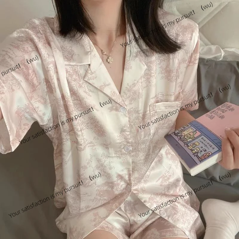 ZOCI-Atasan dan celana pendek berkancing lengan pendek bermotif lucu 2 potong wanita, piyama merah muda, pakaian santai yang lembut dan nyaman