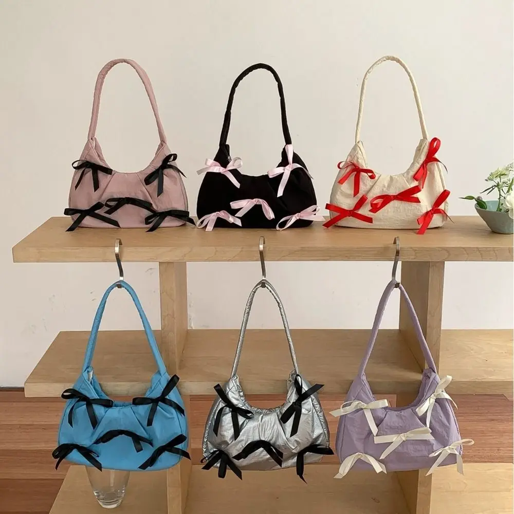 

Trendy Korean Style Bowknot Bag Silver Balletcore Balletcore BowBag Dumpling Bag Armpit Bag Nylon Shoulder Bag Girls