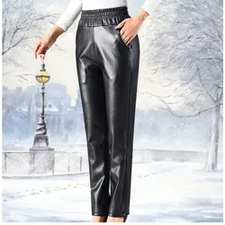 Elegante calça de couro monocromático feminina, casual, versátil, pendulares ocidentais, confortável, popular, nova moda, outono, inverno