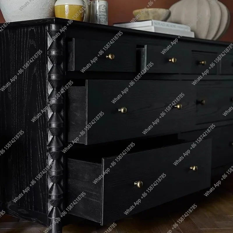 

C Mid-Century Solid Wood Sideboard, Vintage Designer Storage Cabinet, High-end Black Entrance Integrated Entrance Cabinet