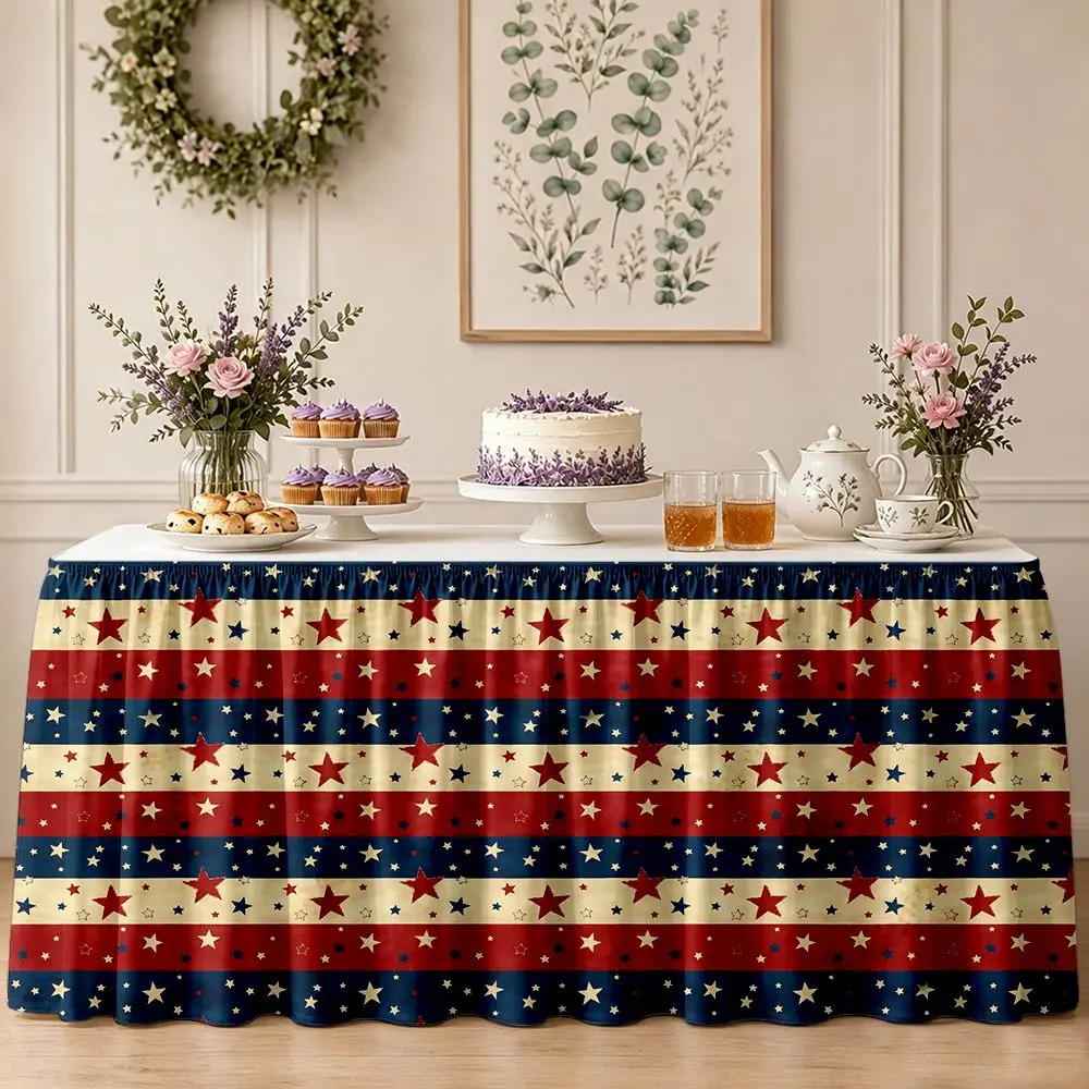 One-piece table skirt decoration in red, white and blue star pattern with ruffled edges