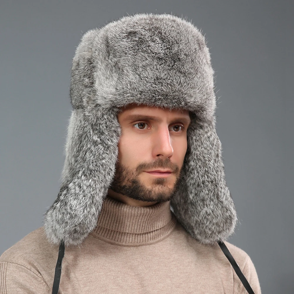 Rabbit Fur Earflat Hat for Men Winter Women Russian Beanie Warm Bomber Hat