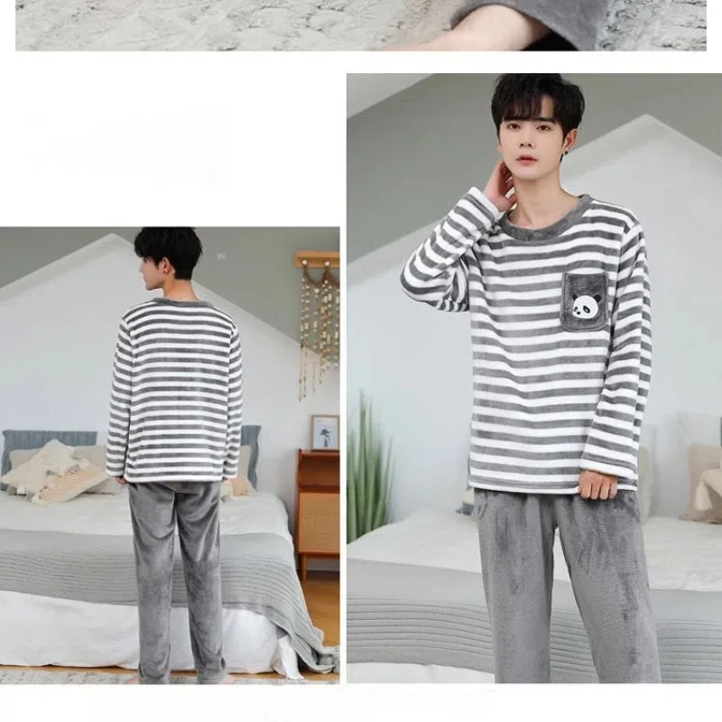 Korean Cartoon Kawaii Cute Bear Print Pajamas Set Men Crew Neck Striped Design Casual Homewear Autumn Winter Cotton Sleepwear