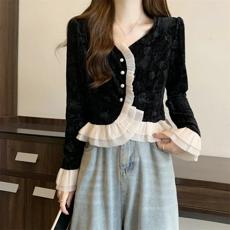 

Fall Spring Women Ruffled Patchwork Black Beige Floral Printed Velour Top Shirt , Woman Pearls Buttons Velvet Tops Shirts