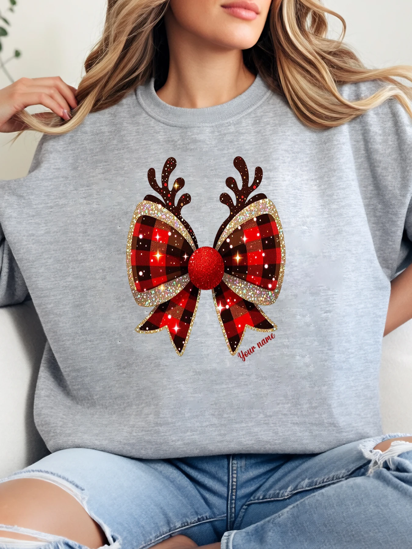 

Рождественский свитшот в клетку с оленем и бантом, женская повседневная праздничная одежда, серый, больших размеров