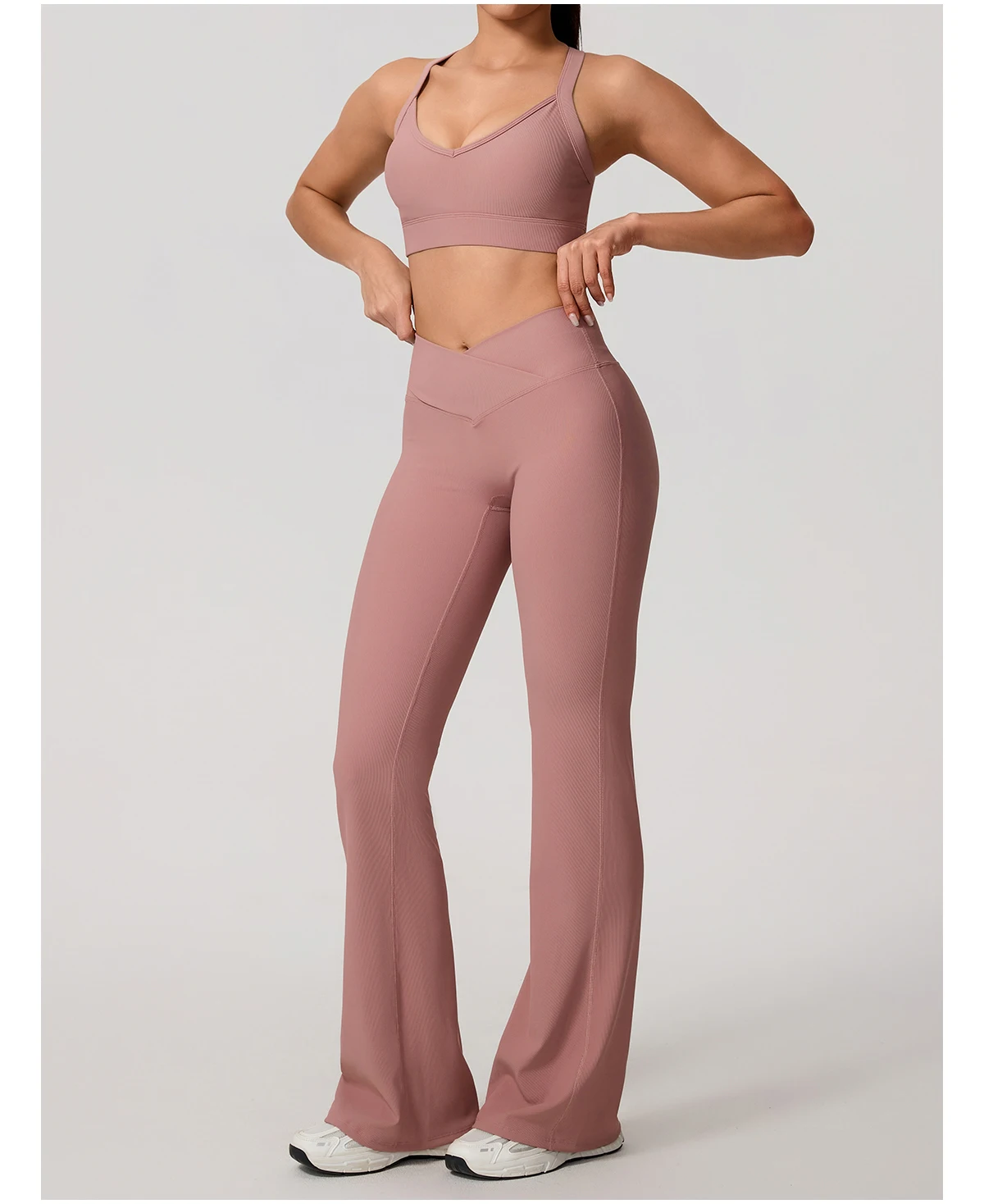 Sommer Damen Geripptes Gym Schnelltrocknendes Zweiteiler-Set Nahtloses Sport-Yoga-Set für Frauen Outdoor 2-teiliges Po-Lifting Sportoutfit – Detail 12