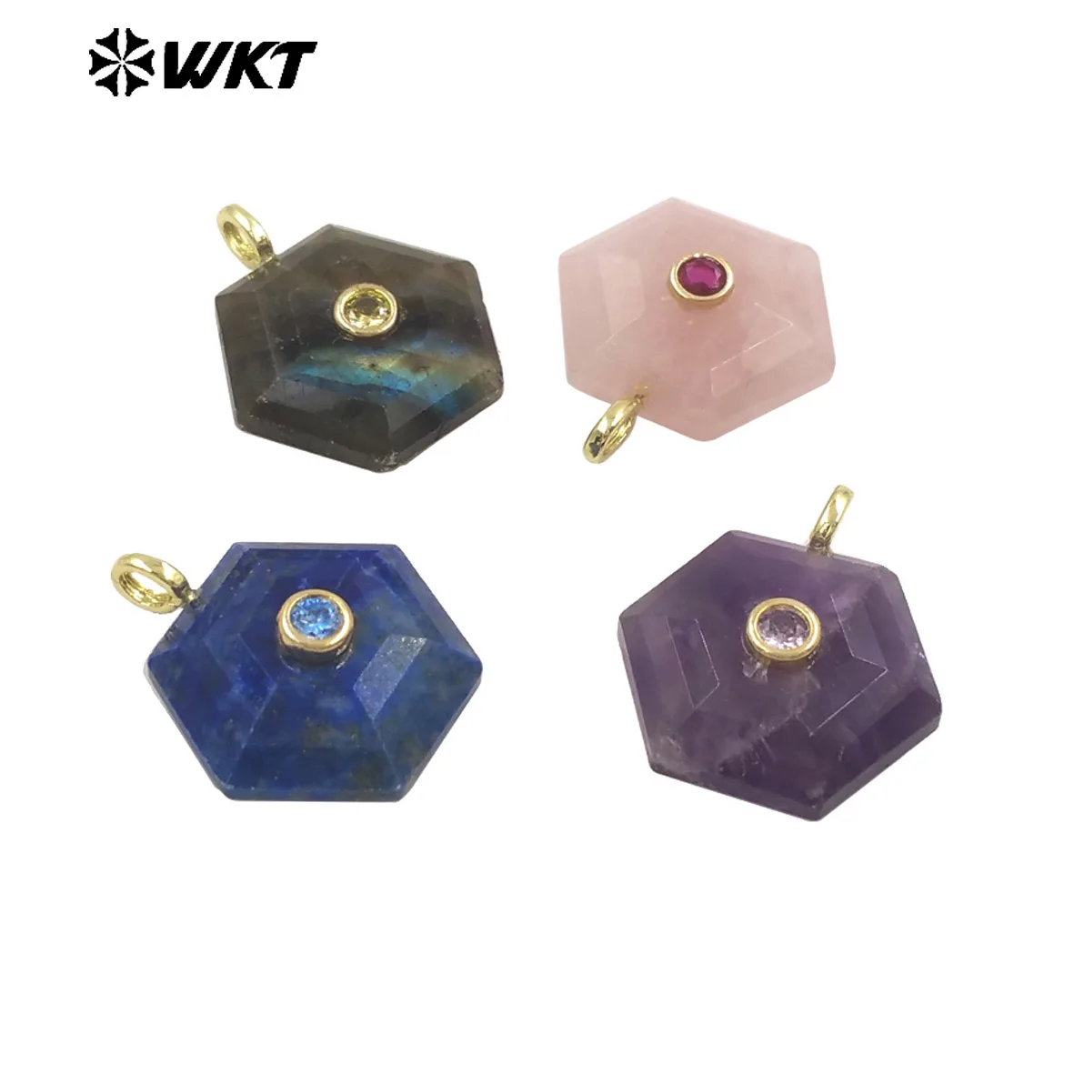 

WT-P2043 Geometric Hexagon Texture Smooth Gemstone With Colored Zircon Paved Accessory For Necklace&Earring Making