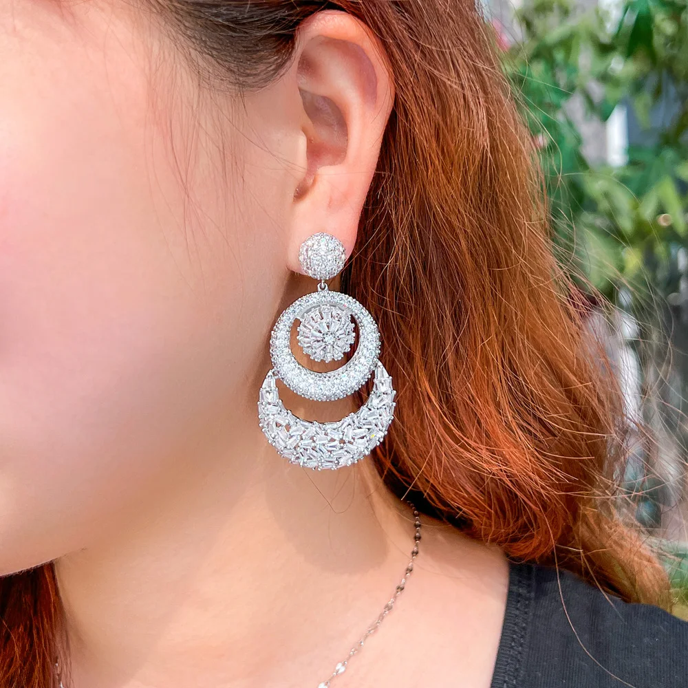 CWWZircons Super Sparkling White Chunky Cubic Zirconia Luxury Statement Big Multiple Round Dangle Women Wedding Earrings CZ528