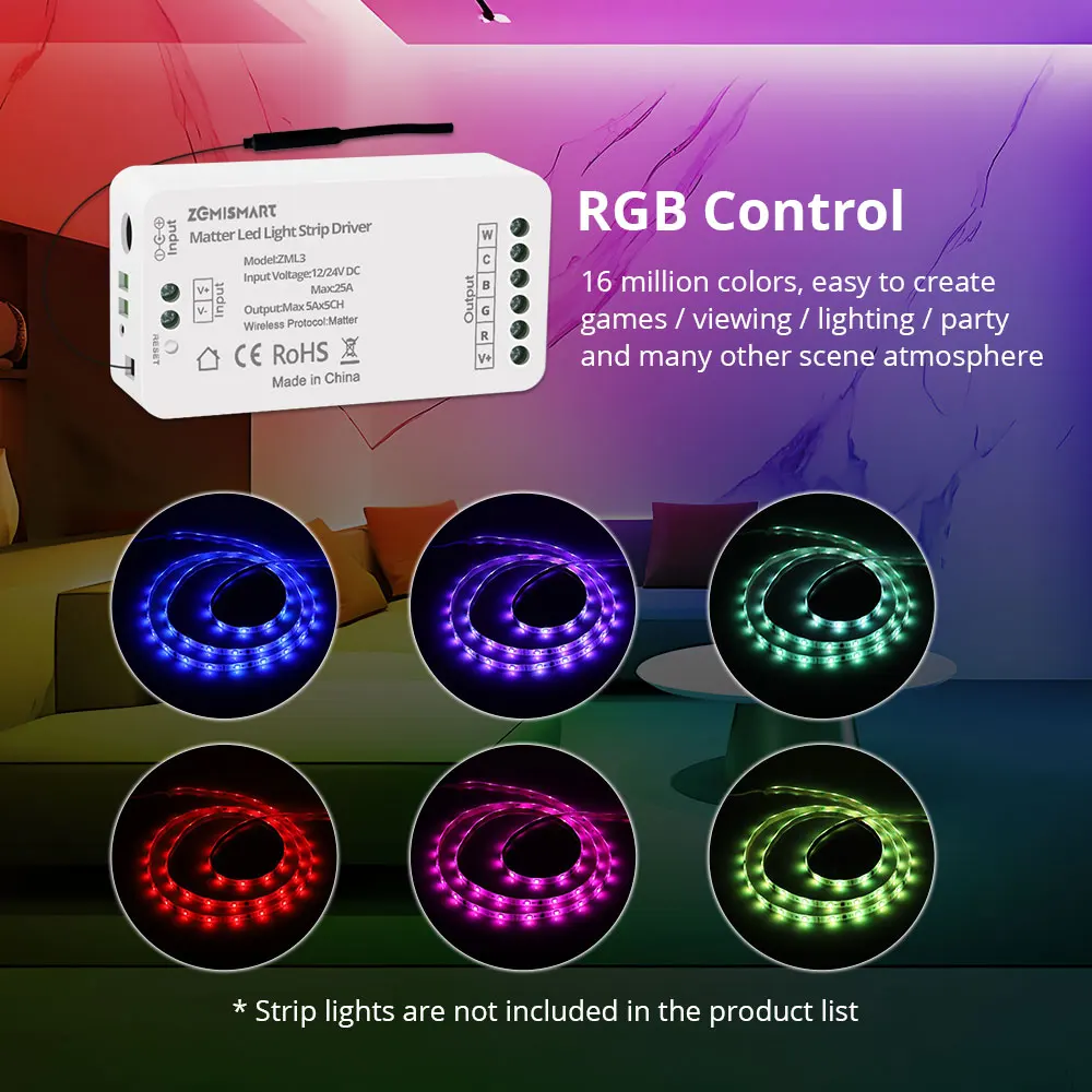 Matter Over WiFi LED Strip Light Controller RGBCW Smart Led Driver Funciona com Homekit Smartthings Alexa Google Home App