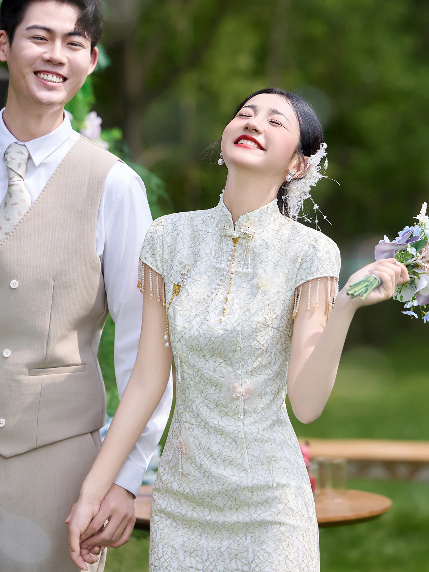 

White Lace Wedding Dr Qipao Engagement Ceremony Dr Fem Model ort Size Beautiful Pearl Embellied mid Waist Fit