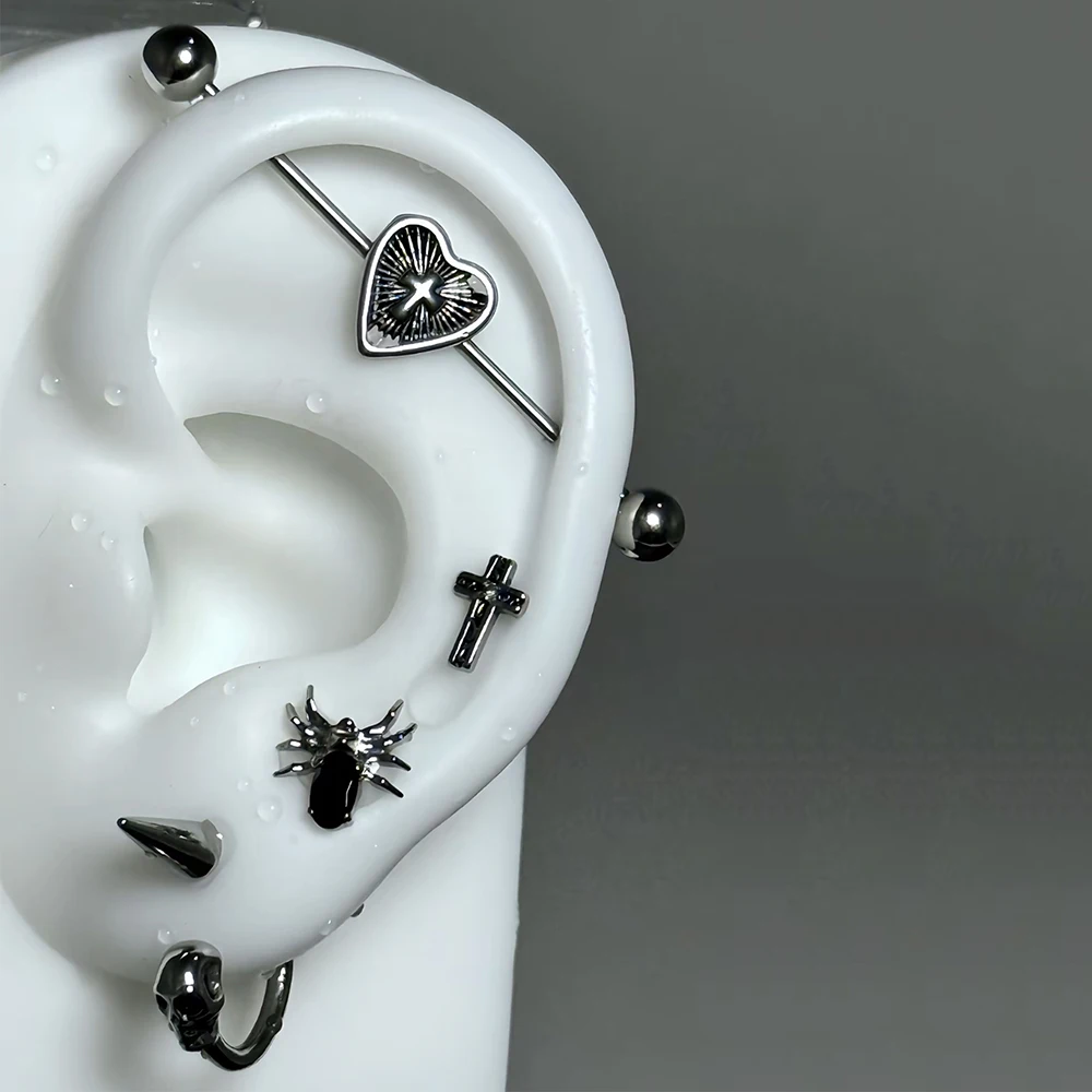 1PC Stainless Steel Heart Industrial Barbell Rose Cross/Spider Ear Tragus Cartilage Earrings Skull Lobe Helix Earrings Piercing