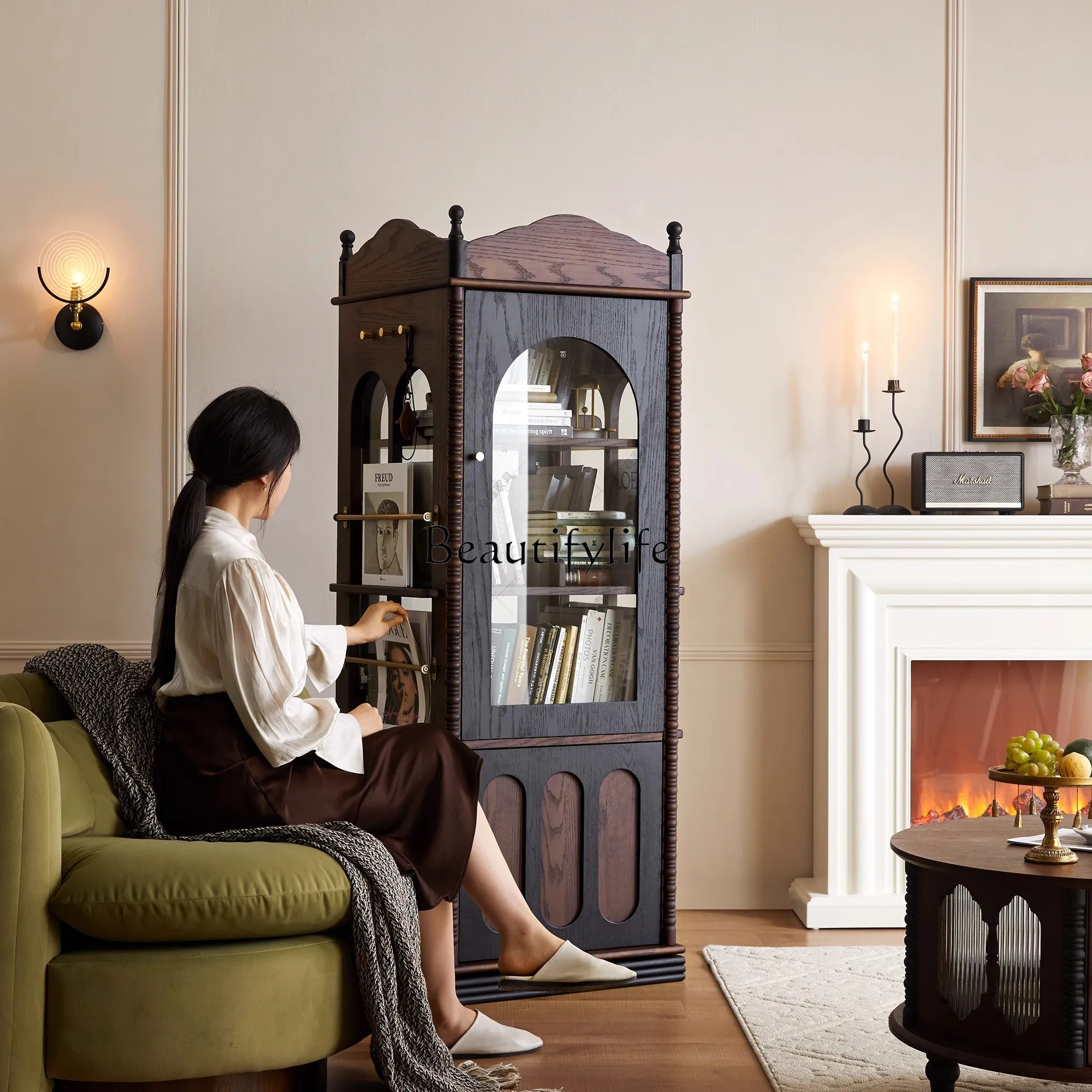 

French retro solid wood rotating bookcase American living room floor red oak locker