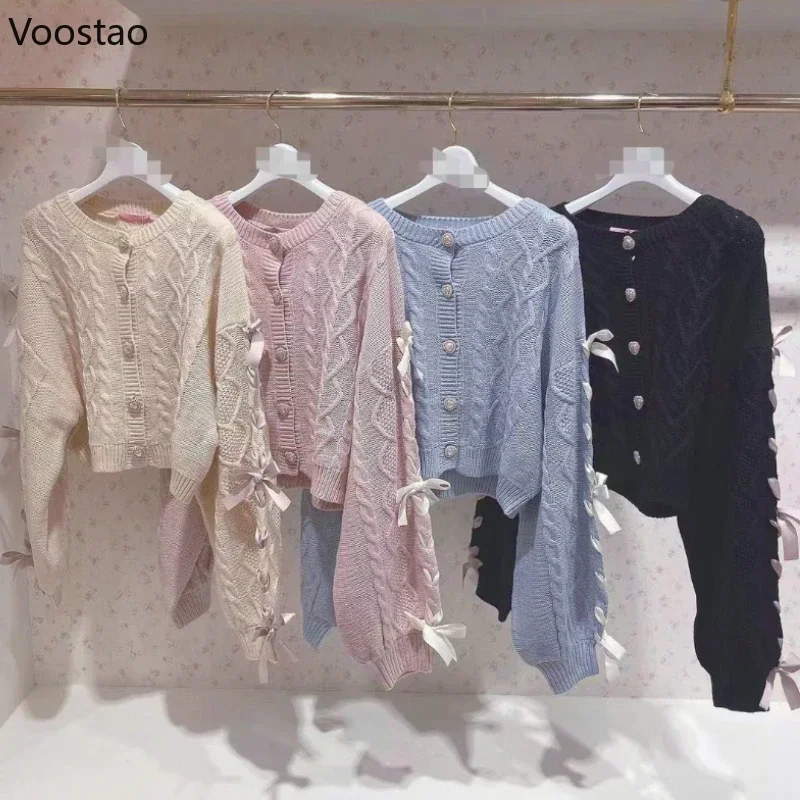 Giapponese dolce stile Lolita Cardigan lavorato a maglia donna Casual manica lunga nastro cuori bottone maglione cappotto femminile Y2k maglieria top