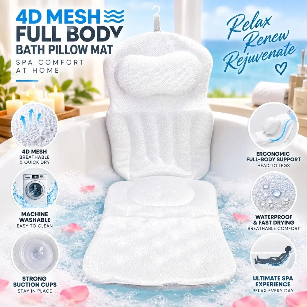 Polyester Full Body Bath Pillow with Suction Cups White Bathtub Cushion 4D High Elasticity Non-Slip Design Bathtub Pillow