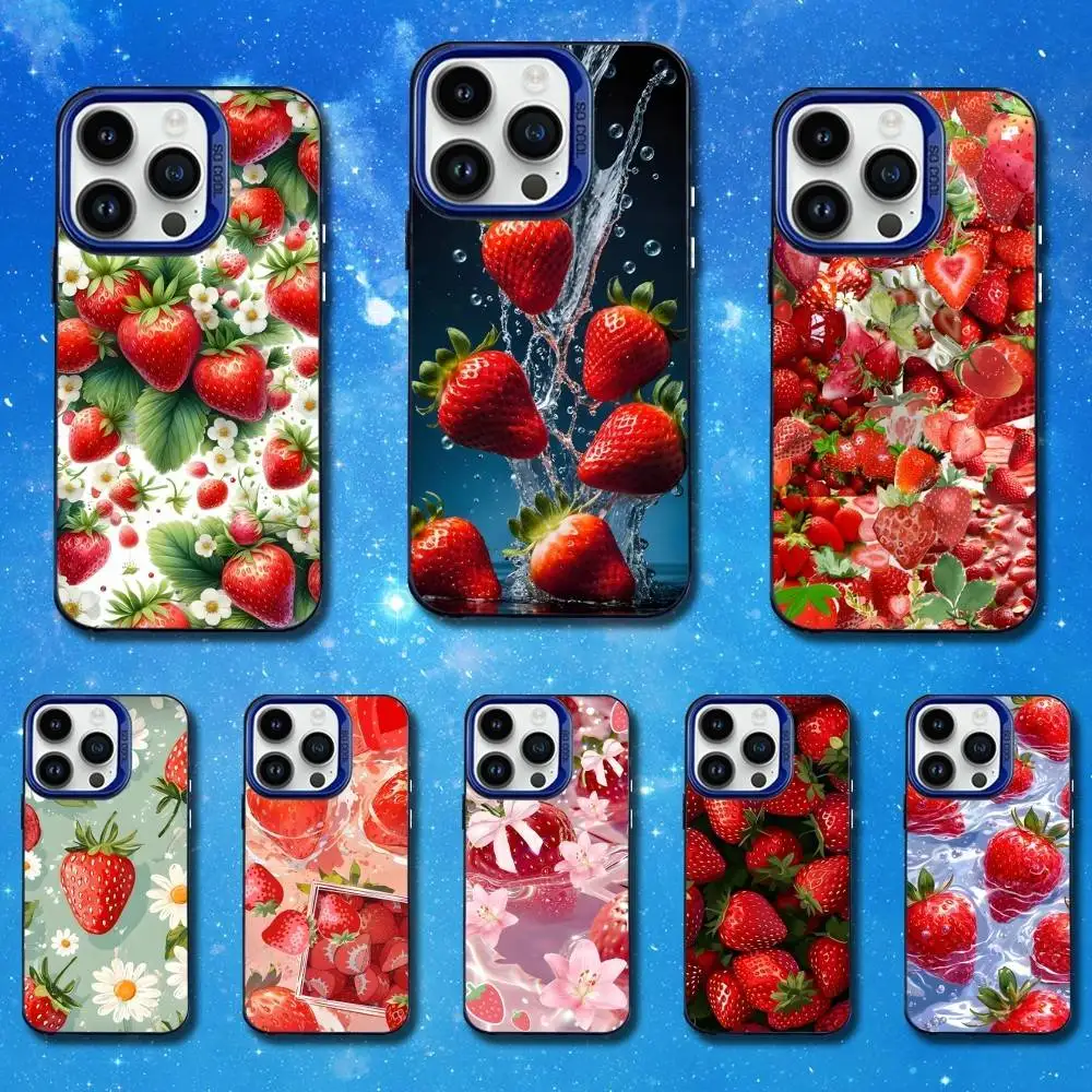 

Fruit Strawberry Cute Art Phone Case For iPhone 11,12,14,13,15,16,Mini,XS,MAX,Pro,SE Blue Matte Silicone Cover