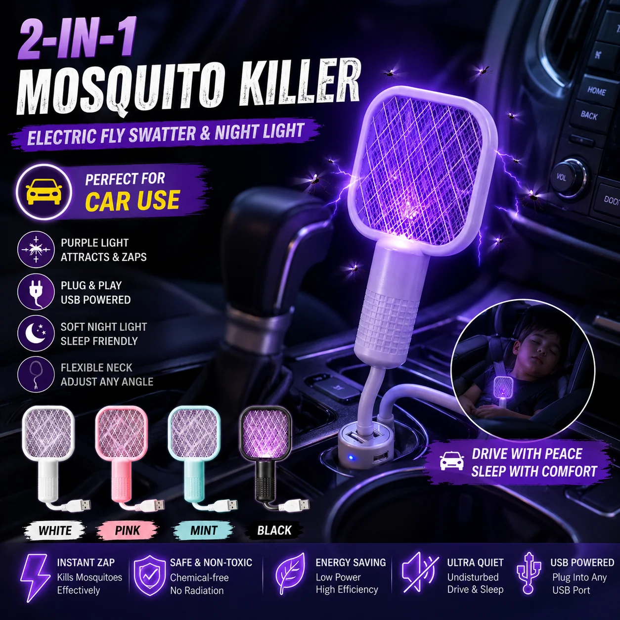 In-vehicle 2in1 Usb Electric Mosquito Swatter And Trap Automatic Uv Light Mosquito Killer Plug And Play Mosquito Repellent Lamp