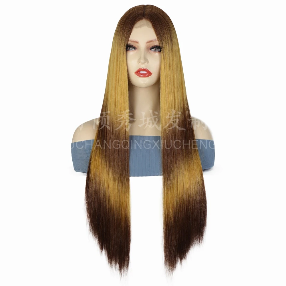 Medium wig, gradient black gold long straight hair, synthetic forehead small lace wig cover, suitable for daily women