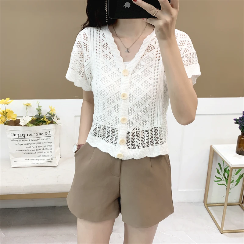 Boring Honey Solid Colors Single-Breasted Women's T-Shirt V-Neck Hollow Out Knitted Fashion Women Blouses Crochet Short Tops