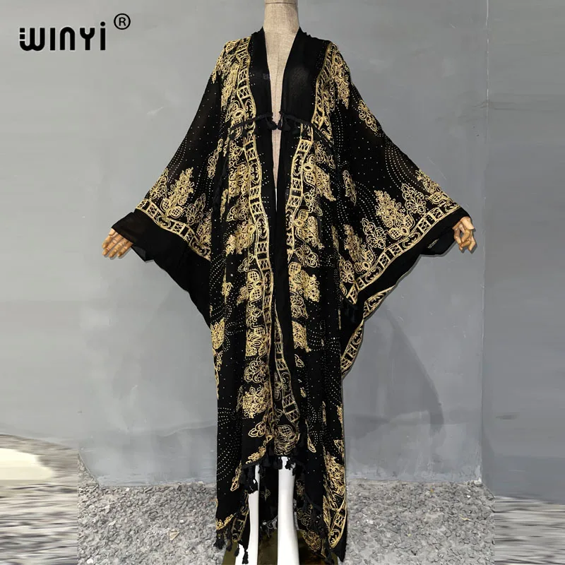 WINYI Women's Embroidered Kimono Luxury Beachwear Swim Suit Cover up Cardigan Sexy Holiday Coat Dubai Abaya Style