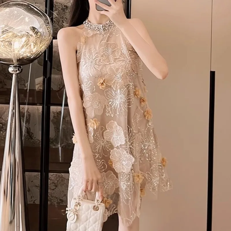 

Golden Beading Mesh Dress Women Sleeveless Halter Summer Streetwear Chic Clothing Lady Holiday Party Summer Vestidos Bodycon