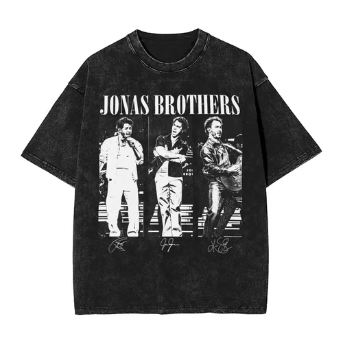 Camiseta de algodón 100% de manga corta lavada de Jonas Brothers, ropa holgada informal con cuello redondo Retro para hombre y mujer de banda de Rock