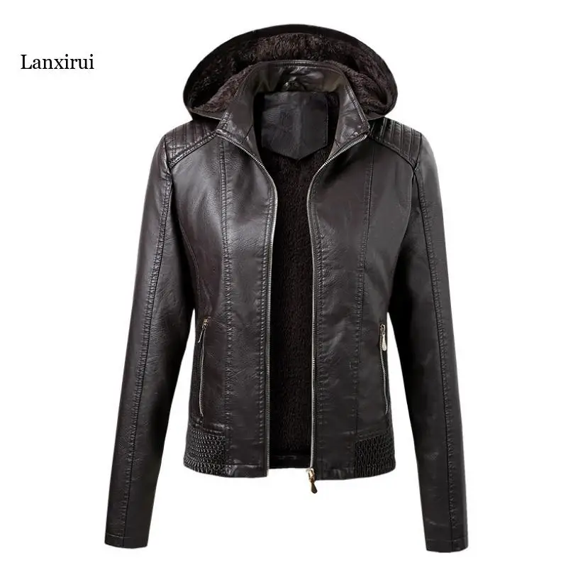 Faux Pu Leather Jackets Women Autumn Hooded Outerwear Pockets Zipper Coat Slim Biker Jacket Hoodies Plus Velvet