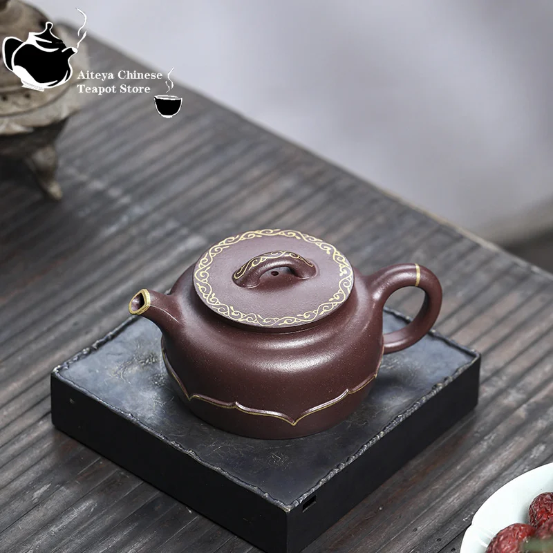 Yixing-Handmade Purple Clay Pot, Huanglongshan Purple Mud, Golden Lotus, Kung Fu Tea Set, Chinese Tea Pot, 350ml Large Capacity