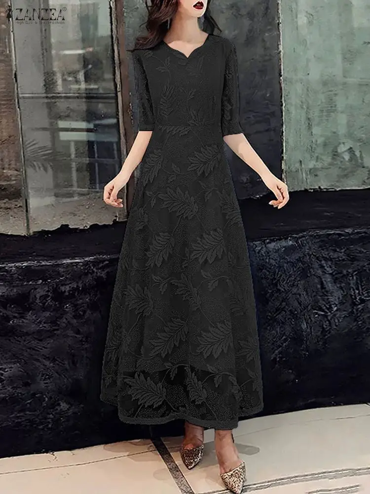 Zanzea elegante chique jacquard malha retalhos feminino maxi vestidos em forma de coração gola meia manga cintura cabida a linha vestido de festa