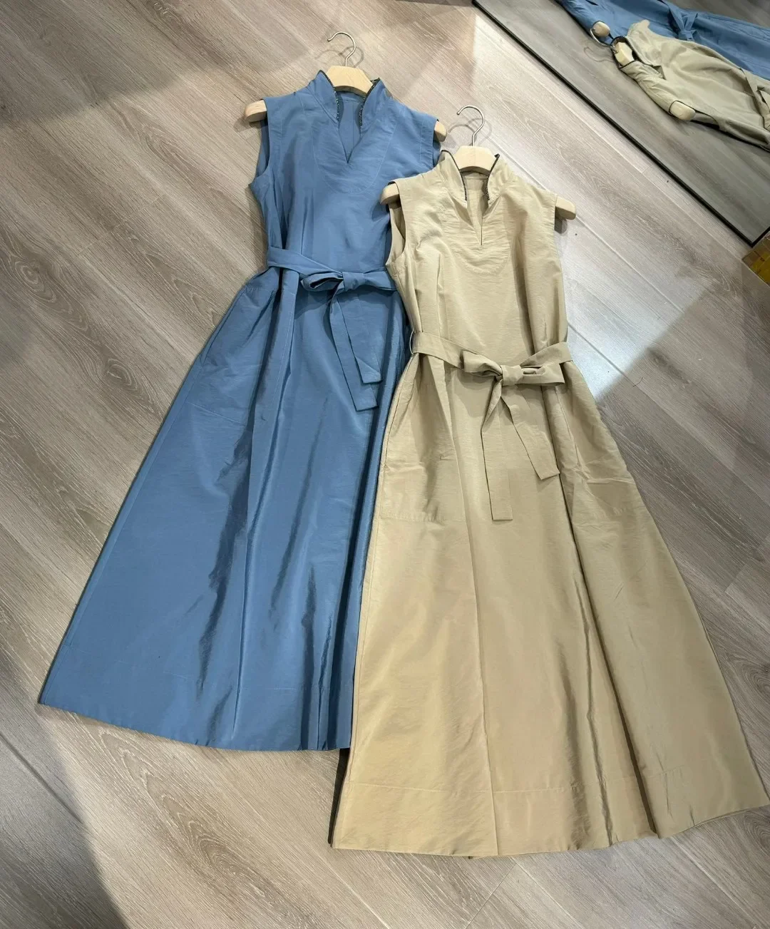 Vestido largo para mujer 2024 nueva primavera verano algodón cintura con cordones Color sólido Casual batas sin mangas